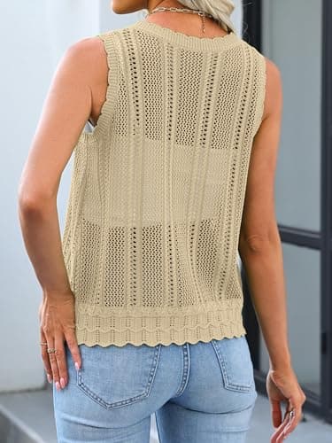 Bellcoco Womens Crochet V Neck Sweater Vest Hollow Out Summer Sleeveless Tops Knit Spring Cardigans Button Down Tank Top Apricot XXL - Thumbnail 4