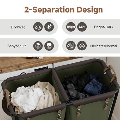 StorageWorks 390L Extra Large Laundry Hamper with Wheels, 2 Sections Laundry Basket with Wheels, Clothes Sorter Cart with Divider for Hotel, Home, Green, 1-Pack - Thumbnail 5