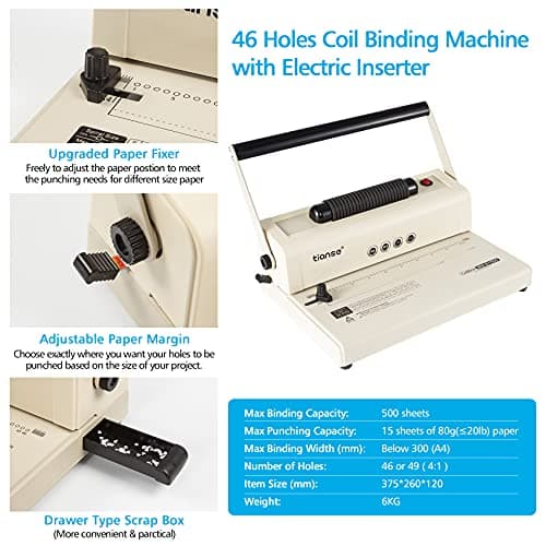 TIANSE Coil Binding Machine, Electric Coil Inserter, Manual Round Hole Punch, 15 Sheets Punch Capacity, Perfect for Letter Size / A4 / A5, Comes with 100pcs 5/16'' Plastic Coil Binding Spines & Plier - Thumbnail 3
