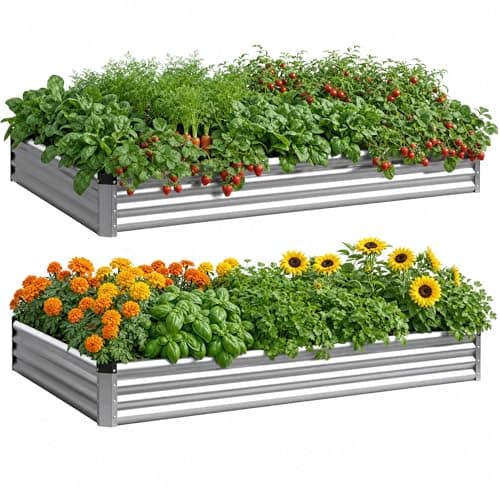 2PCS 6x3x1 FT Rectangle Metal Raised Garden Bed Kit, 0.5mm Thickened Silver Color-Coated Galvanized Steel Outdoor Planter Box, Elevated Metal Raised Planters for Flowers, Vegetables, Fruits, Herbs