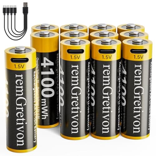 remGretivon USB C Rechargeable AA Batteries 12 Pack, 4100mWh 1.5V Constant Output Lithium Ion Battery, 2.5H Fast Charging Double A Rechargeable Batteries with 4-in-1 Cable, 1500 Cycles