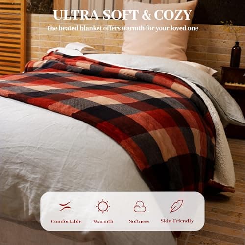 GOTCOZY Heated Blanket Electric Throw 50''X60''- Electric Throw Blanket with One Touch Button 10 Heating Level & 9 Time Settings Heating Blanket, Machine Washable (Check RedBlack) - Thumbnail 4