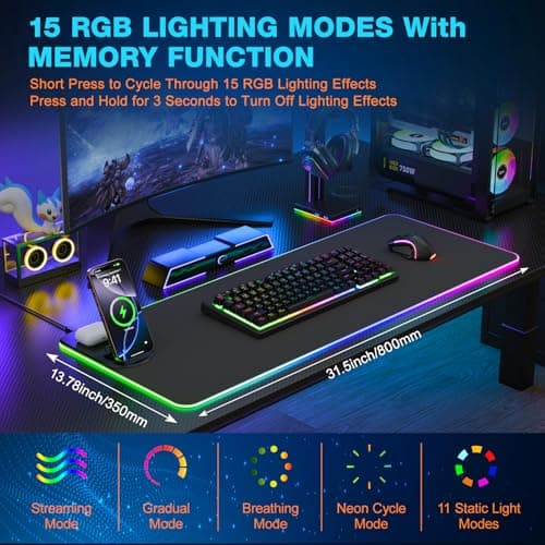 Gaming Mouse Pad Wireless Charging - Desk Mat Magnetic Foldable Phone Stand with 20W PD Charger, RGB Extended Large Keyboard Mousepad - PC Laptop Desk Pad for Work Game (Adapter Included) - Thumbnail 5