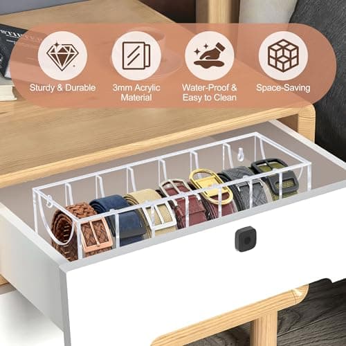 Oubou Belt Organizer, Acrylic Belt Storage Organizer for Closet with Dust Cover and Drawer,7 Compartments Transparent Display Case for Belts Best Gift for Men And Husband - Thumbnail 4