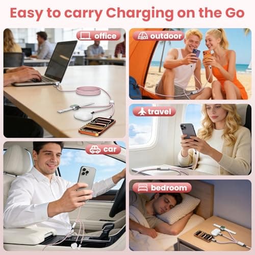 Travel Cruise Essentials,3 in 2 Multi Charging Cable for iWatch Charger/IP/USB C,Pink 1-Pack 5FT Braided USB A/C Cable Designed for Multiple Devices,Car Accessories for iWatch Ultra/SE & iPhone 17-11 - Thumbnail 5