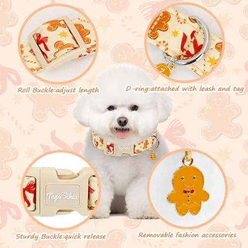 Astdogio Small Christmas Dog Collar, Adjustable Dog Collars with Gingerbread & Red Bow Pattern, Cute Dog Christmas Collars Winter Puppy Collar,Holiday Collar for Girl Boy Dogs-M - Thumbnail 3