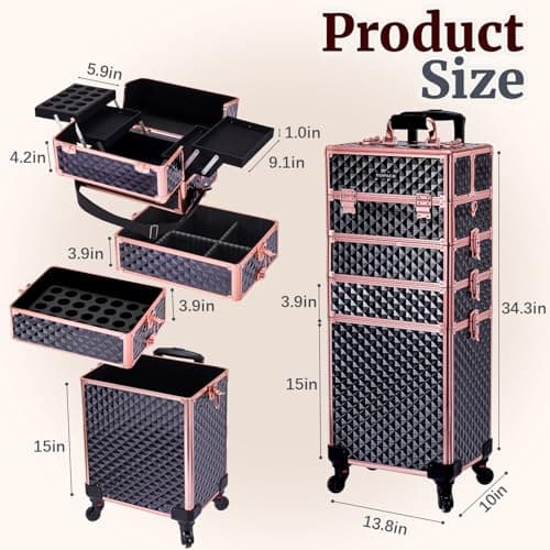 TOPACK Professional 4-In-1 Rolling Makeup Train Case, Large Makeup Travel Case with Key Shoulder Strap/Handle Cushion I Makeup Train Case I Makeup Nail Cart I Cosmetology Case on Wheels(Black Glod) - Thumbnail 2