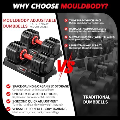 Mouldbody Adjustable Dumbbell Set Pair 50 lb, Adjustable Dumbbells 10-in-1 Free Weight Set, 1-Second Dial Weight Adjustment,Space-Saving Design with Storage Base, Home Gym Strength Training Equipment - Thumbnail 2