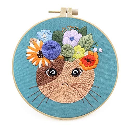Mozzyyee Embroidery Starter kit, DIY Adult Beginner Embroidery Kits, Including Cloth with Cat Patterns, Colored Threads, Needles, Hoops and Instructions (Blue)
