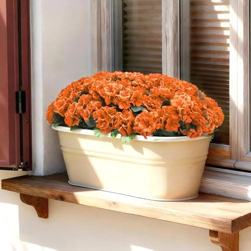 Karlliu Artificial Geranium Flowers for Outdoors: 12 PCS Realistic UV Resistant Faux Red Geranium Silk Flowers for Outdoor Planters Fade Proof Garden Fake Flowers Decor for Outside Porch - Orange - Thumbnail 6