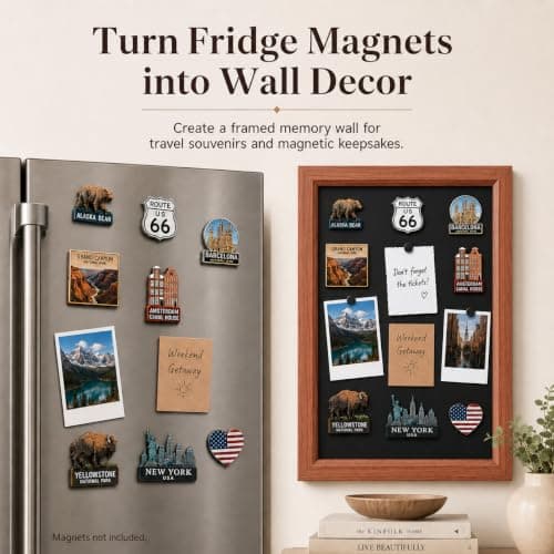Magnetic Board for Wall 11.8" x 17.7",Magnet Display Board with 6 Background Papers,Wooden Frame Bulletin Boards No-Drill Wall Decor,Renter Friendly,Travel Souvenirs,Home Decor for Living Bedroom Dorm - Thumbnail 2