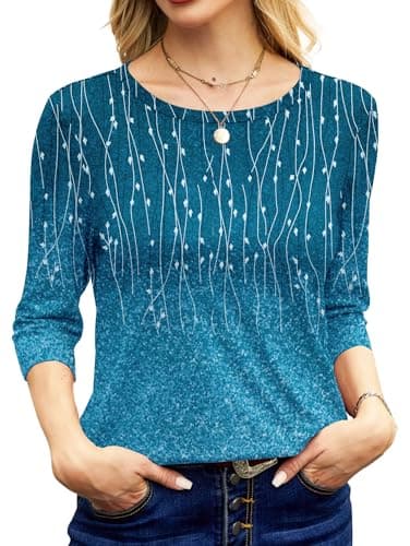 NORACORA Women's 3/4 Length Sleeve Crew Neck T-Shirt - Printed Casual Basic Tops Cyan - Thumbnail 5