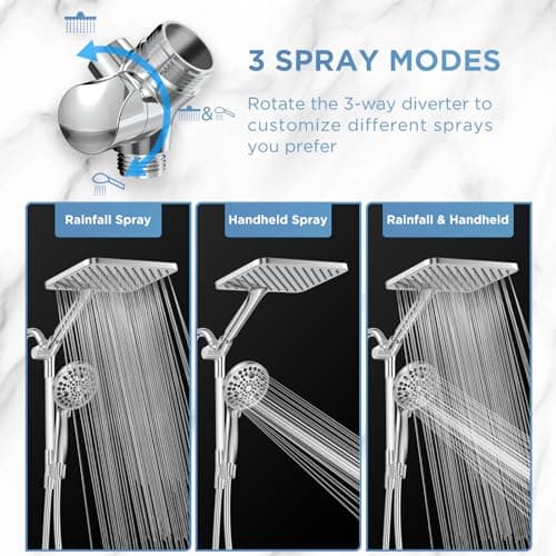 Dual Handheld Shower Head Combo, 2-in-1 Rain Shower Heads System Wide Rainfall Shower Head and 10 Modes High Pressure Hand Held Showerhead with Built-in Power Wash - Chrome - Thumbnail 6