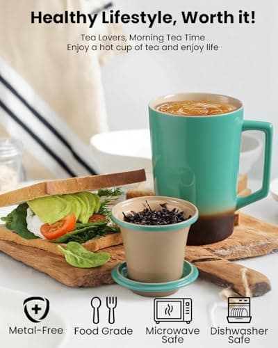 Foinly 15 oz Ceramic Tea Infuser Cup with Lid - Tea Mug with All Porcelain Strainer for Loose Leaf Teas,Microwave and Dishwasher Safe,Metal-Free,BPA-Free for Tea Lovers/Mother's Day(Green) - Thumbnail 4