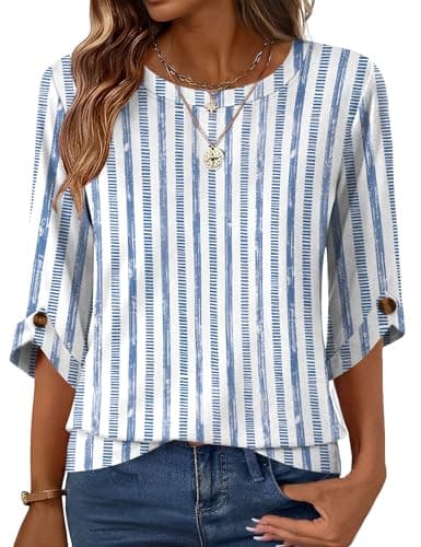 Blingfit Striped Shirt Women 3/4 Sleeve Summer Tops Dressy Casual Crew Neck Work Blouses Business Clothes Blue White M - Image 1