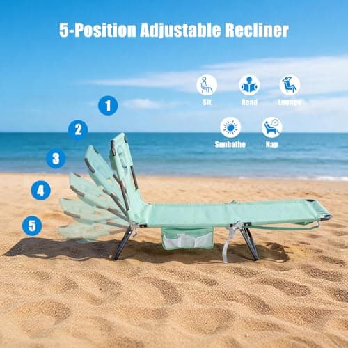 SUNNYFEEL Lay Flat Tanning Chair with Face Down Hole & Arm Slots, Backpack Beach Lounge Chair, 5-Position Folding Sunbathing Chair, 300 LBS Heavy Duty, 72" L x 22" W for Beach, Pool, Camping - Thumbnail 5