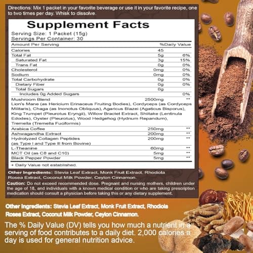 Mushroom Coffee Powder,10-in-1 Mushroom Superfood Adaptogen Mix-Organic Lion's Mane, Chaga, Turkey Tail, Reishi, Instant Coffee For Gut Health, Immunity, Energy, Focus-30 Serving - Thumbnail 2