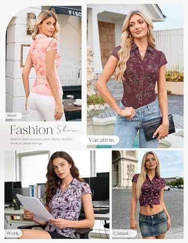 GRACE KARIN Women Mesh Boho Tops Dressy Casual Floral Short Sleeve Button Down Blouse Collared Outfit Purple Floral XL - Thumbnail 6