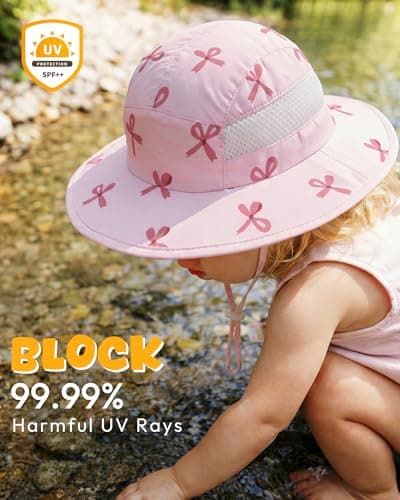 Sun Hat for Baby Boys Girls Toddler and Kids UPF 50+ with Bucket Wide Brim Summer (US, Age, 6 Months, 24 Months, White + Pink Bow) - Thumbnail 3