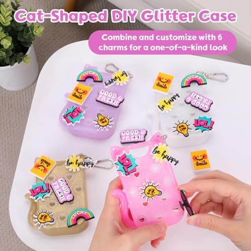 FunisFun Glitter Silicone Holder Case Compatible with Hand Sanitizer Spray 1 Fl. OZ., Adorable Cat-Shaped Keychain with 6 Charms (Pink) - Thumbnail 4