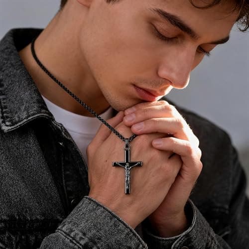 Easter Basket Stuffers-Crucifix Jesus Cross Necklace for Men Women, 20in Gold Black Silver Mens Cross Pendant Chain Simple Jewelry Gifts for Happy Easter, Confirmation, First Communion, Baptism - Thumbnail 4