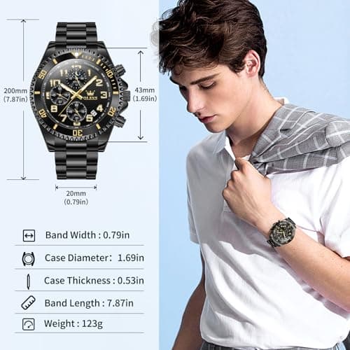 OLEVS Black Watches for Men Luxury Stainless Steel Mens Black Watch with Date Casual Men Dress Watch Waterproof Chronograph Men’s Wrist Watches Reloj para Hombre - Thumbnail 3