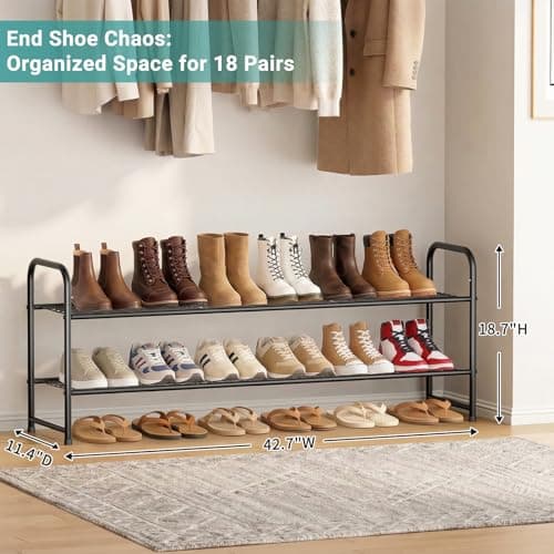 AOODA Long 2 Tier Shoe Rack for Closet Metal Wide Stackable Shoe Storage Organizer for Entryway, Bedroom, Floor, 18-Pairs Low Shoe Shelf, Black - Thumbnail 2