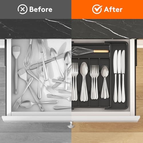 Lifewit Expandable Silverware Organizer, Plastic Utensil Tray for Kitchen Drawer, BPA Free Flatware Cutlery Holder, Space-Saving Storage for Spoons Forks Knives, 8.5-14 x 12 x 1.5 inch, Black - Thumbnail 4