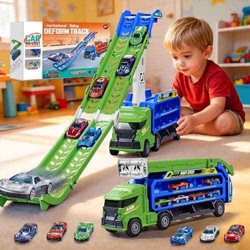 Race Track Truck Toy for Kids Age 3-5 - 4-in-1 Car Carrier Truck with 2 Foldable Race Tracks, Transport Vehicle Playset with 6 Die-Cast Cars, Birthday for Toddler Boys Girl(Vivid Green)