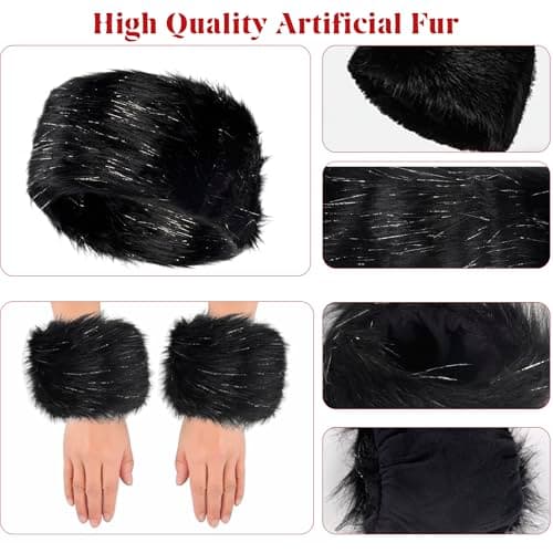 QZUnique Fuzzy Fur Leg Warmers Set - 3 Pcs Women Winter Furry Boot Cuffs Faux Fur Headband Wrist Bands Cover Long Leg Warmers - Thumbnail 3