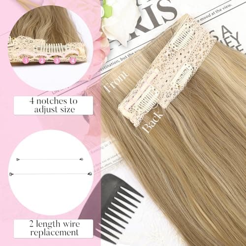 Invisible Wire Hair Extensions with Transparent Wire Adjustable Size 4 Secure Clips Long Wavy Secret Hairpiece 20 Inch for Women(Light Brown mix Golden Blonde) - Thumbnail 3