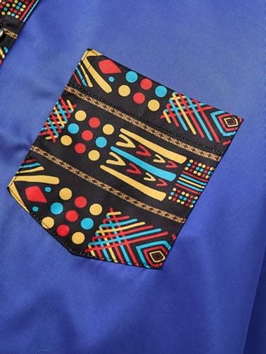 ZAFUL Men's Hipster African Tribal Graphic Patchwork Design Slim Fit Long Sleeve Button up Mandarin Collar Shirts (Blue Tribal Graphic L) - Thumbnail 4
