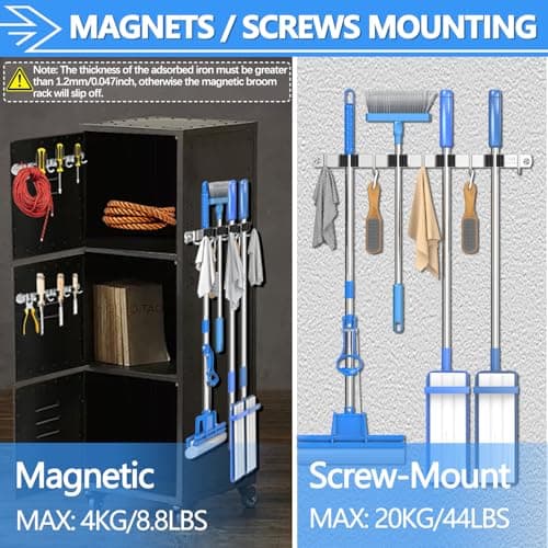 3-H Magnetic Broom Holder Wall Mount 2 Pack, 2-in-1 Dual Mount (No Drill or Screw Fix), 304 Stainless Steel Heavy Duty Magnet Mop Broom Organizer for Kitchen Garden Garage(4 Racks & 5 Hooks,Silver) - Thumbnail 3