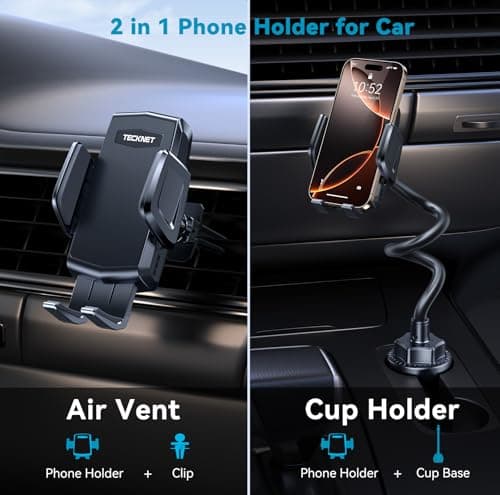 TECKNET Cup Phone Holder for Car - Adjustable Gooseneck Cup Holder Phone Holders with Air Vent Holders & Expandable Base, Cupholder Phones Mount for iPhone 17/16 Pro Max and All Cell Phones, Car Model - Thumbnail 2