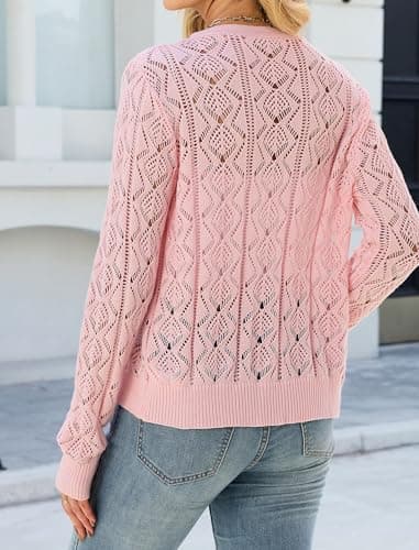 ZAFUL Womens Crochet Cardigan Cotton Long Sleeve Sweaters Trendy Lightweight Button Down Knit Shrugs Tops Pink XXL - Thumbnail 5