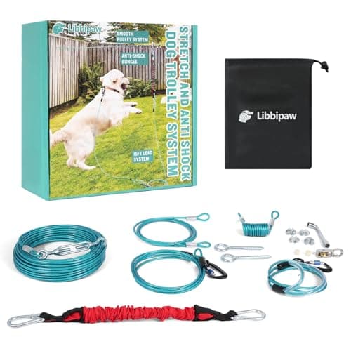 Libbipaw Dog Runner for Yard - 50ft Aerial Dog Run Cable System with Shock Absorbing Bungee Tether, Chew Proof Steel Cable & Tangle Free Pulley for Large Dogs, Backyard Zip Line for Dogs
