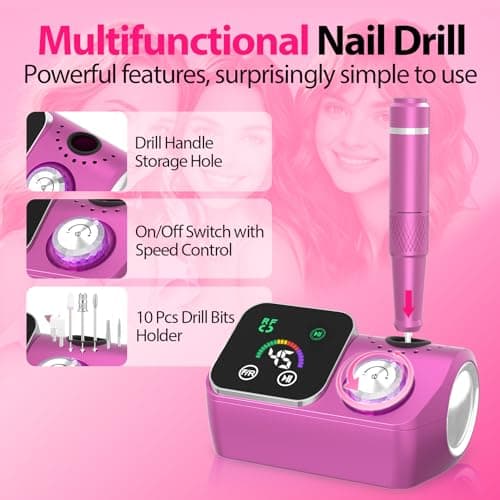 PYVOLA Professional Electric Nail Drill E-File Machine - 45,000 RPM Corded Nail Drills Kit with Low Noise & LED Display for Shaping, Removing & Polishing Acrylic Gel Nails for Salon Home - Thumbnail 3