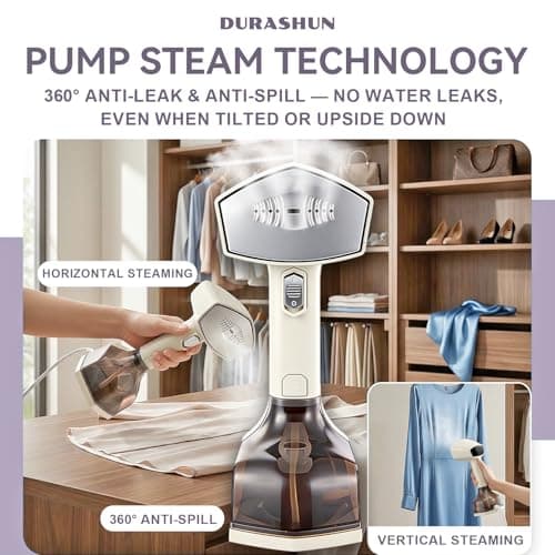 DURASHUN Handheld Garment Steamer for Clothes, 2-in-1 Steamer Iron with LED Display, 1400W Fast Heating, 15s Preheat, 3-Speed Steam, 350ML Removable Tank, for All Fabrics & Multi-Scenario Use (Beige) - Thumbnail 5