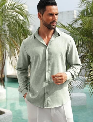 MAPICK Mens Casual Button Down Shirts Long Sleeve Tropical Linen Shirts Untucked Dress Stretch Shirts(A-Sage Green,4X-Large) - Thumbnail 4