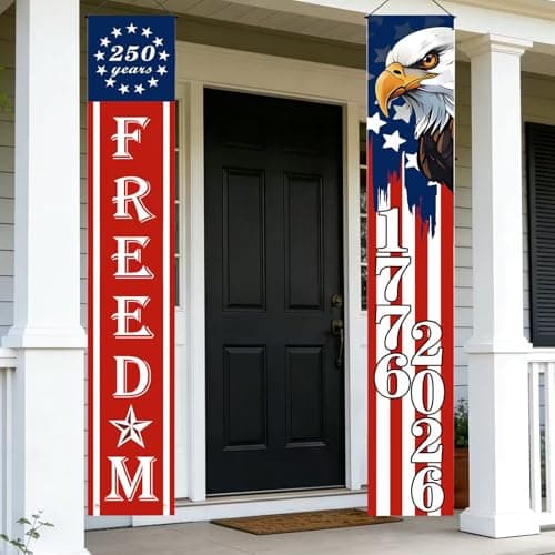 4th of July Decorations Outdoor - 250 Anniversary USA Flag Banners Red White and Blue Hanging Porch Sign Patriotic Decorations for Fourth of July Independence Day America 250 Decor Party Supplies