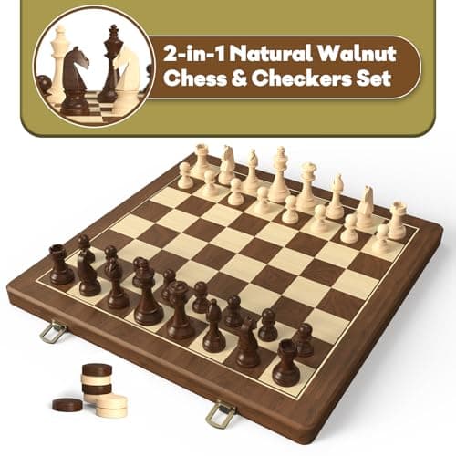 Premium Natural Walnut 15" Magnetic Wooden Folding Chess & Checkers Set- 2 in 1 Board Game with 3" King Staunton Pieces and 2 Extra Queens, Checkers, and Dust-Proof Storage Bag (Black) - Thumbnail 2