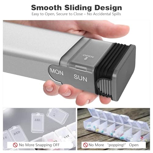 Weekly Metal Pill Organizer, Large Capacity 7 Day Travel Pill Organizer, Easy Open Secure Pill Box for Adults & Seniors, Vitamins & Supplement Case (Silver) - Thumbnail 4