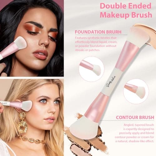START MAKERS Makeup Brushes 5Pcs Dual Ended Pink Makeup Brush Set for Foundation Blush Bronzer Concealer Contour Powder Highlight Eyebrow Eyeshadow Blending, Travel Makeup Brushes with Bag - Thumbnail 3
