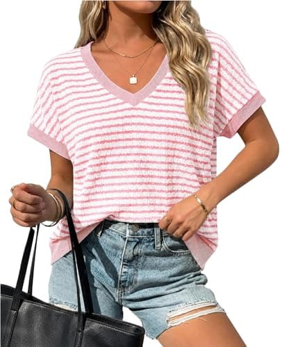 Tankaneo Womens Oversized V Neck Striped Sweaters Cap Short Sleeve Color Block Pullover Tops Trendy Casual Knit Shirts Light Pink