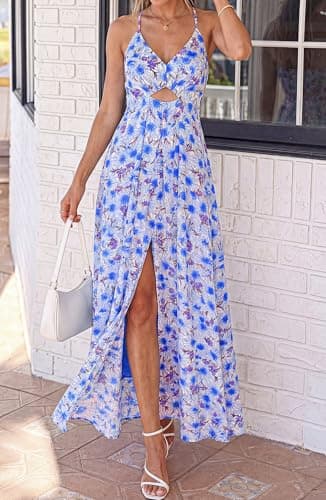 BTFBM Summer Dresses for Women 2026 Spring Floral Spaghetti Strap Smocked Cutout Maxi Dress Resort Beach Vacation Outfit(Floral Blue, XX-Large) - Thumbnail 6