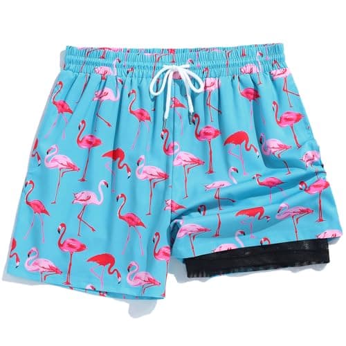 ZAFUL Mens Beach Shorts Mesh Lining Elastic Waistband Swim Trunks Pocket Drawstring Swim Shorts Blue Flamingo XXL - Image 1
