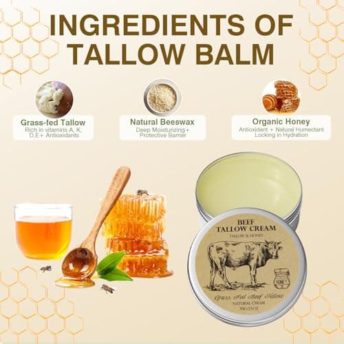 MROUVIK Beef Tallow for Skin, Tallow and Honey Cream,Tallow Face Moisturizer, Natural Grass-Fed Beef Tallow Balm with Raw Honey Moisturizing Cream for Body Lotion Skin Care for Skin (2.47 Oz) - Thumbnail 4