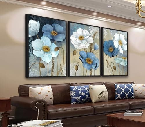 ASDCEUTICALS Large Framed Wall Art - Boho Flowers Wall Decor, Retro Floral Pictures, Blue White Botanical Canvas Prints for Bedroom Living Room Bathroom Kitchen Office Artwork 20" X 28" X 3 Pcs