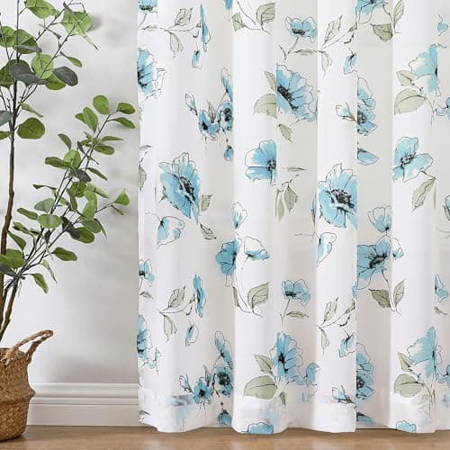Sheer Curtains with Blue Flower Design 72 inch Length for Living Room Windows-Country Floral Bedroom Curtains 2 Panels Set Patterned Rod Pocket Transparent Curtain Drapes, Soft Wrinkle-Free Fabric - Image 1