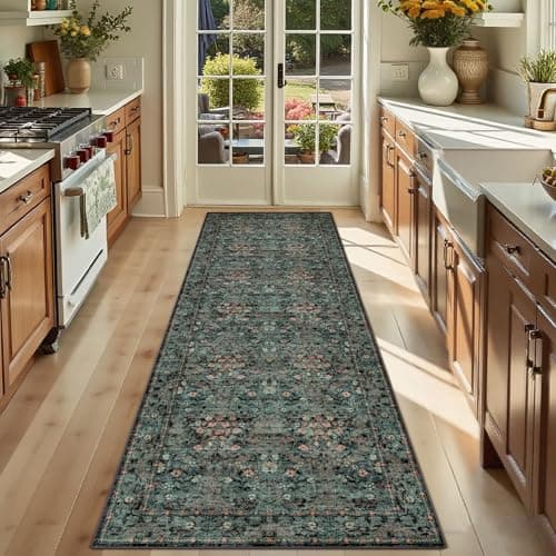 Lunasun Boho Dark Green Botanical 2x6 Washable Long Kitchen Runner Rug - Floral Throw Rug for Hallway, Bathroom, Indoor Entrance, Laundry, Bedroom - Soft Vintage Front Door Mat with Low Pile Non Skid - Image 1